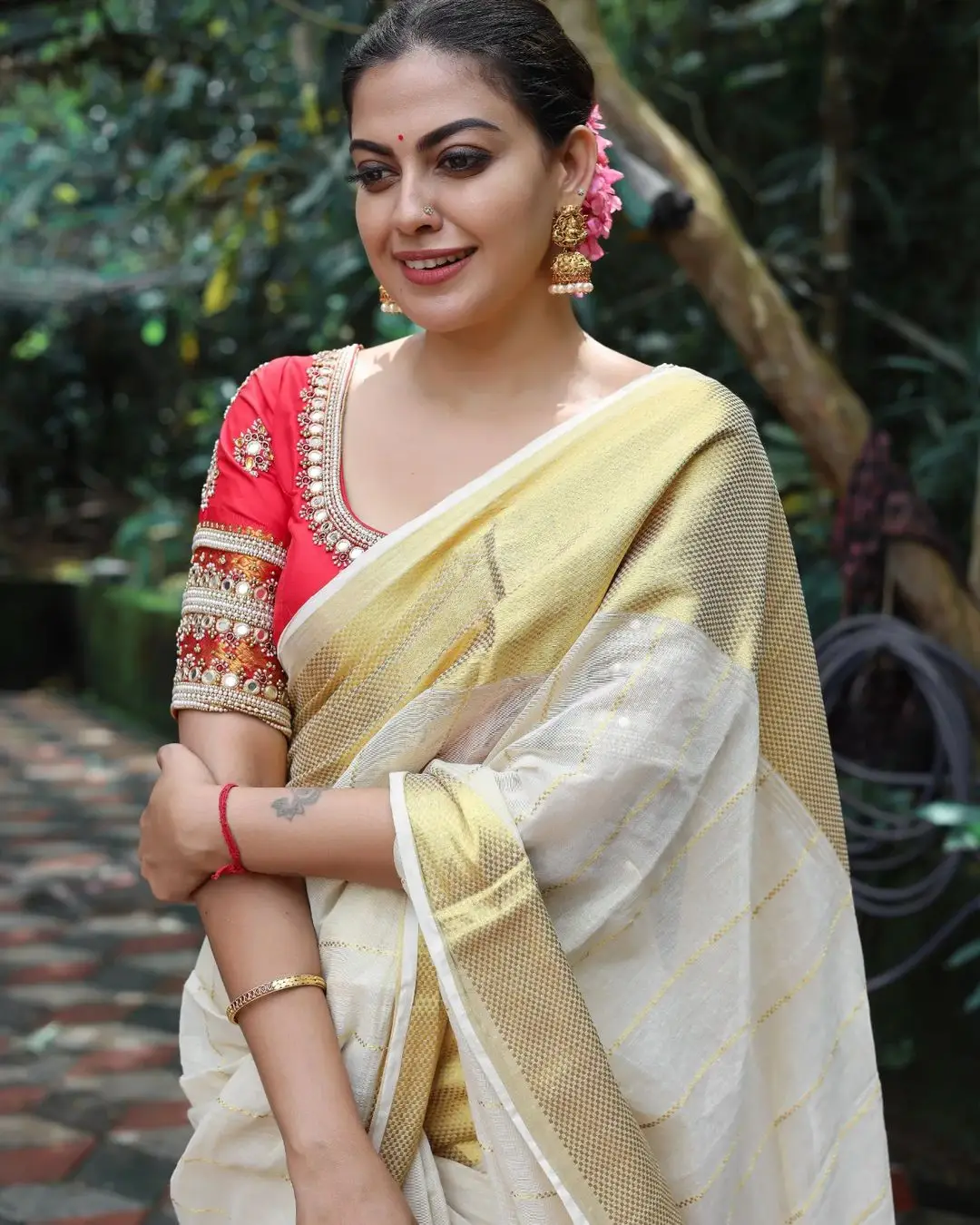 Indian Actress Anusree Nair in White Color Saree Red Blouse